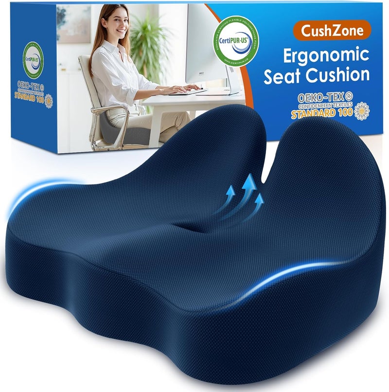 CushZone Seat Cushion, Memory Foam Office Chair Cushions, Ergonomic Curved Design for Sciatica, Tailbone, Coccyx, Seat Support for Car, Desk Chair, Wheelchair, Enhances Long Sitting Comfort (Blue) - Image 1